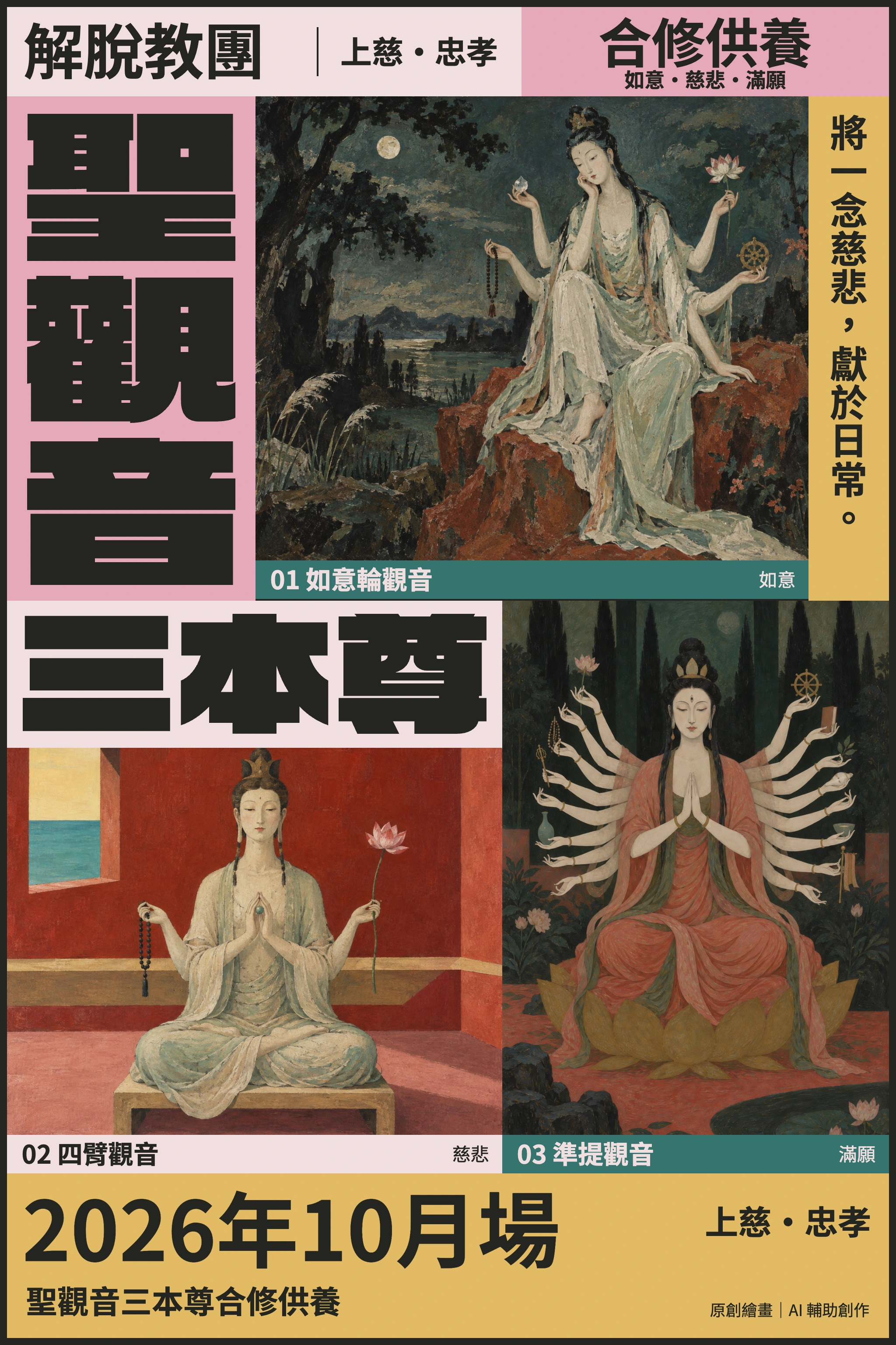 聖觀音三本尊合修供養海報。2026年10月場。如意輪觀音、四臂觀音、準提觀音;如意、慈悲、滿願。上慈・忠孝。